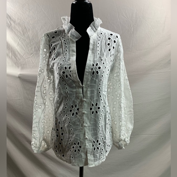 Eyelet Embroidery Notched Blouse White - Picture 8 of 9